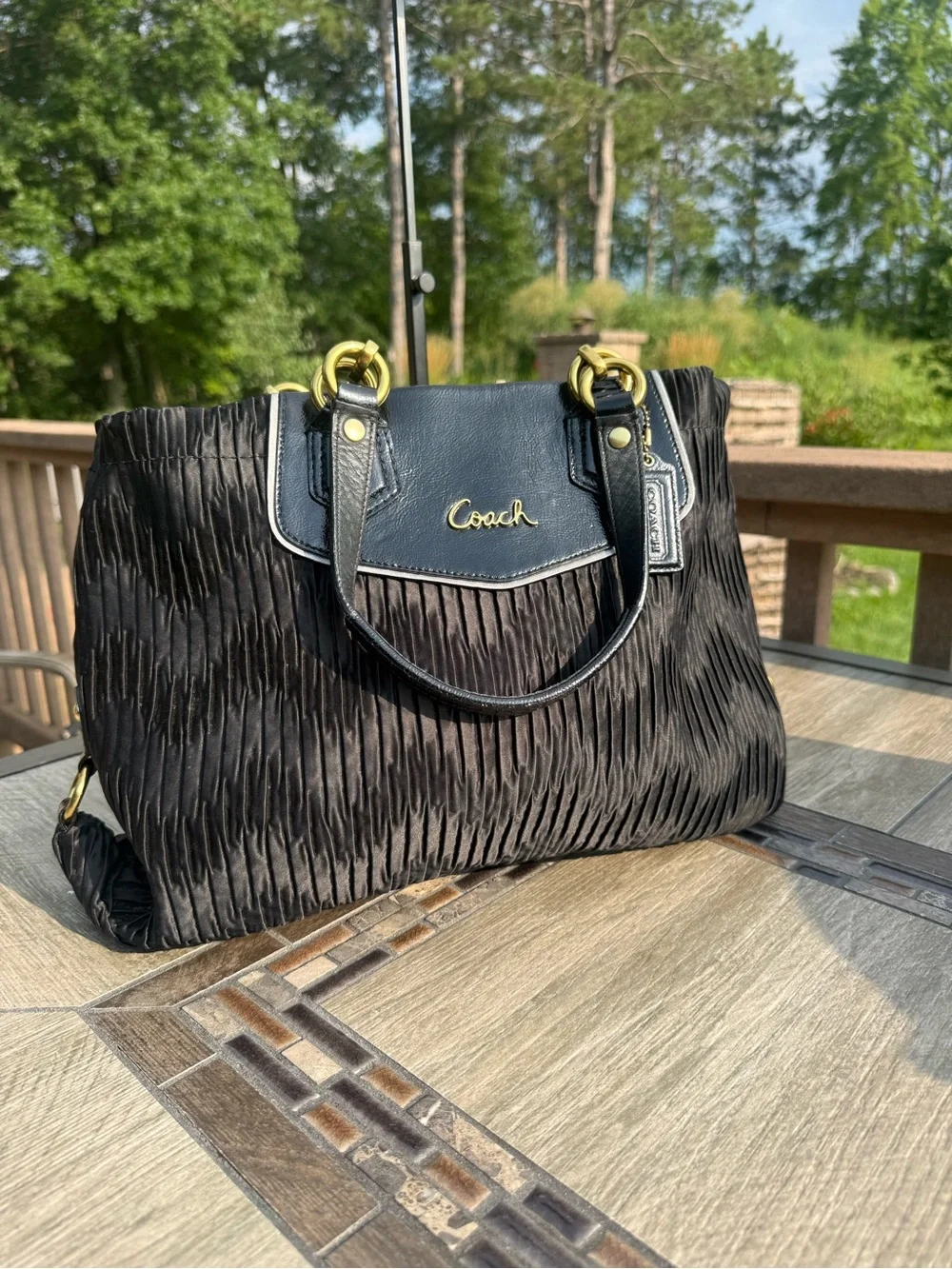 EUC Coach Ashley Gathered Satin Carryall Black Brass Hardware Shoulder Bag